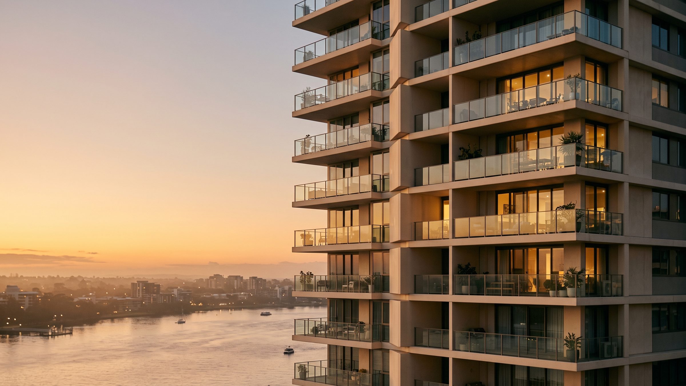 Hochwertiges Wohngebäude mit Glasbalkonen im Sonnenuntergang am Fluss