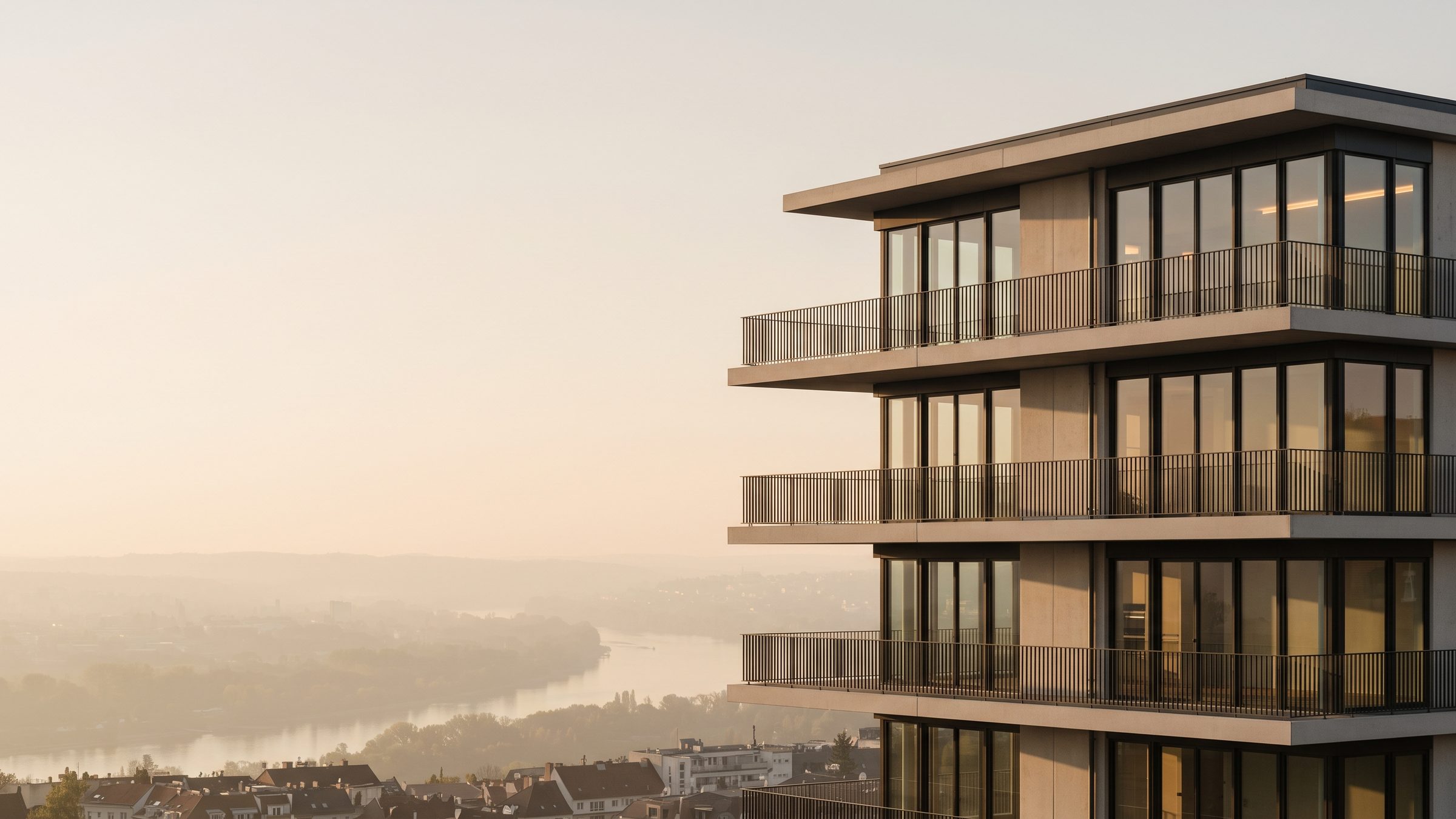 Moderne Wohnimmobilie mit umlaufenden Balkonen im warmen Abendlicht über einem Flusstal