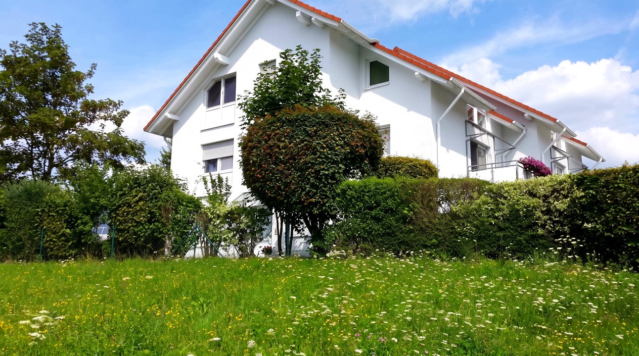 Mehrfamilienhaus in Rotenburg mit Wiese und Hecke im Vordergrund